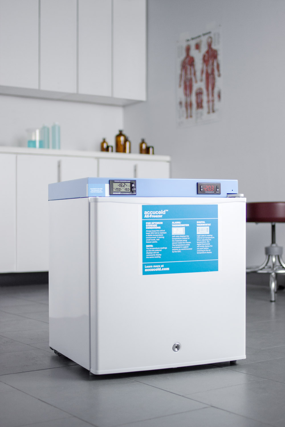 Compact medical/scientific all-freezer with digital thermostat, NIST calibrated thermometer/alarm, and front lock